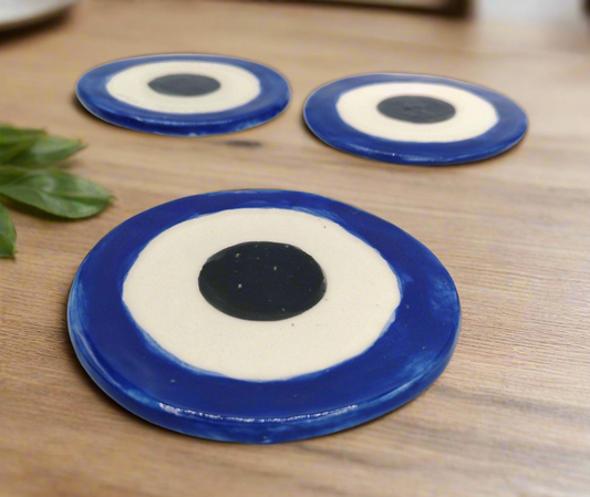 Handmade Blue Evil Eye Ceramic Coaster 1 Piece – Round Cork-Backed Drink Coaster | Artisan Home Decor Gift