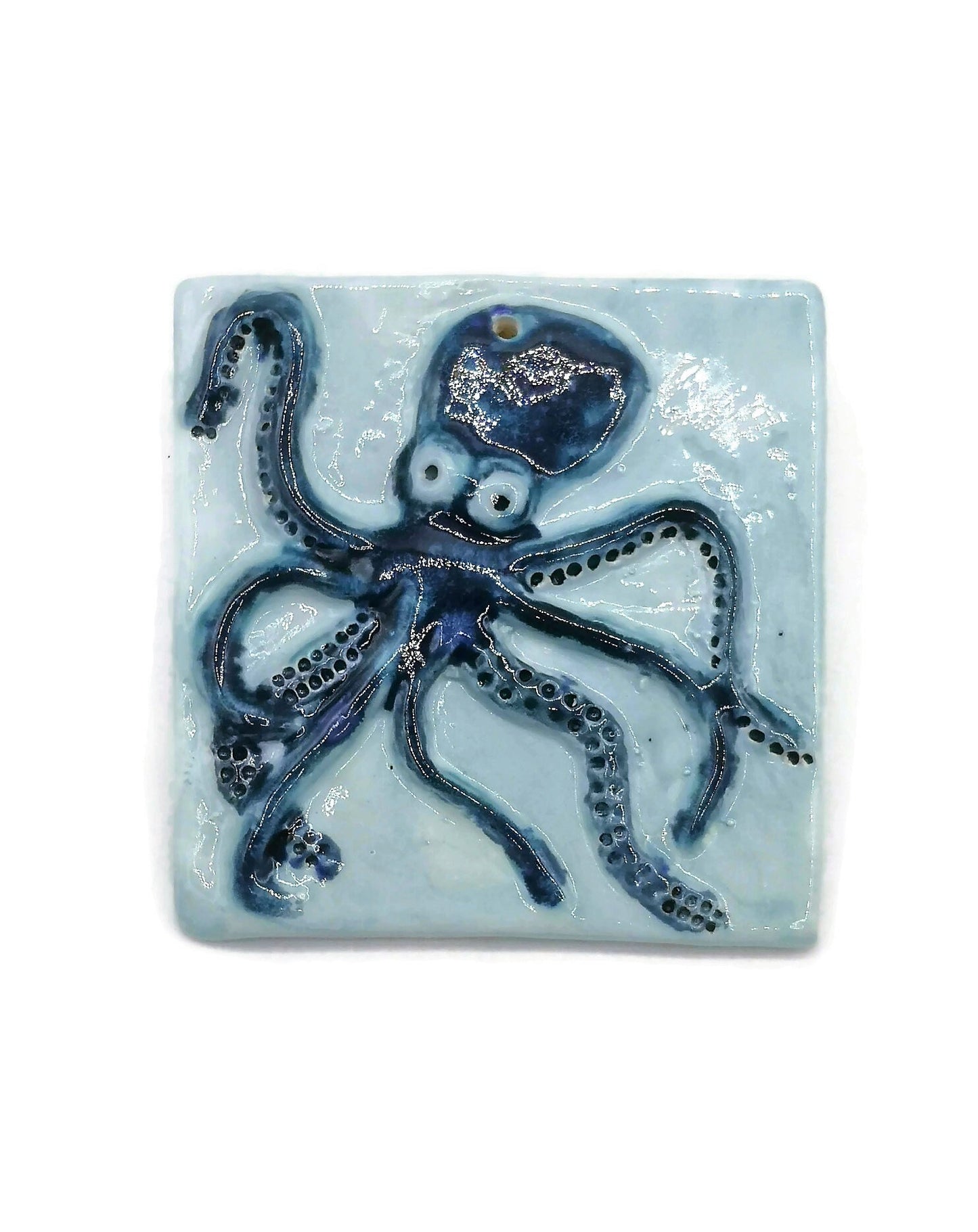Handmade Ceramic Octopus Tile With Hole To Hang, Blue Octopus Wall Decor, Beach Lover Gift for Women - Ceramica Ana Rafael