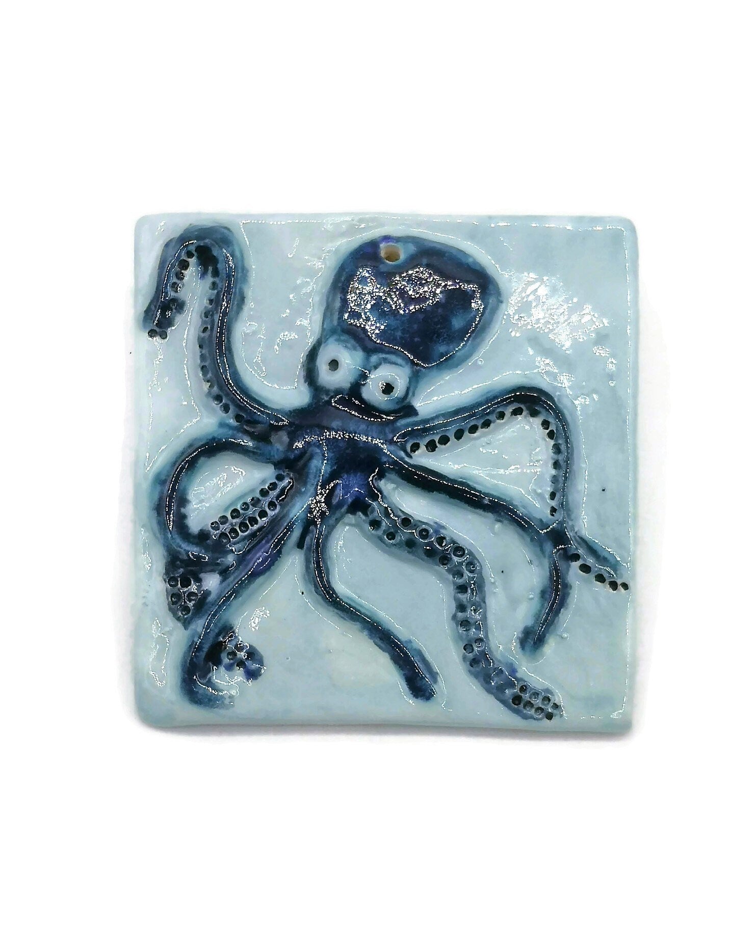 Handmade Ceramic Octopus Tile With Hole To Hang, Blue Octopus Wall Decor, Beach Lover Gift for Women - Ceramica Ana Rafael
