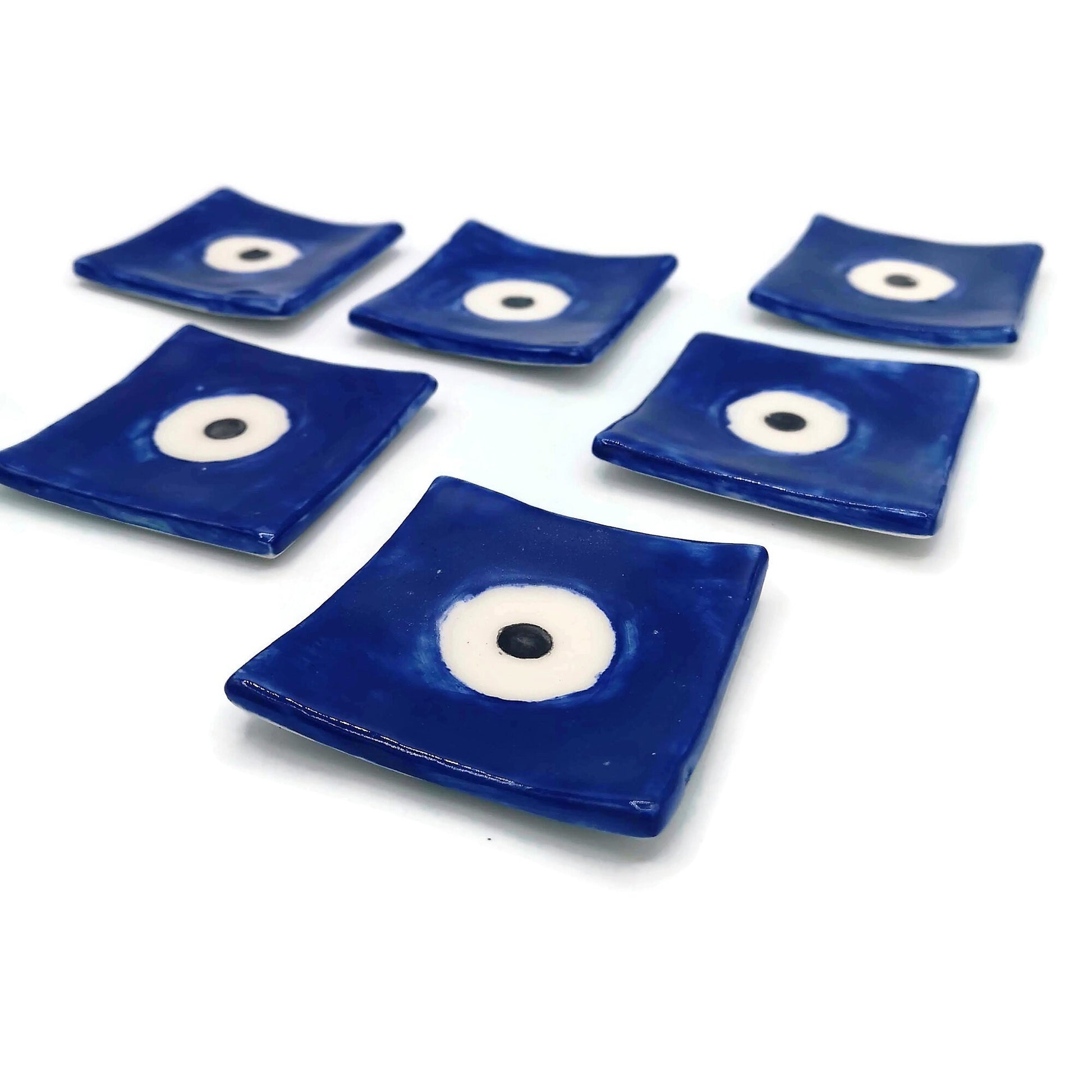 Handmade Ceramic Ring Holder,Blue Evil Eye Plate, Small Trinket Dish For Bridal Shower Favors, Eye Candle Holder - Ceramica Ana Rafael