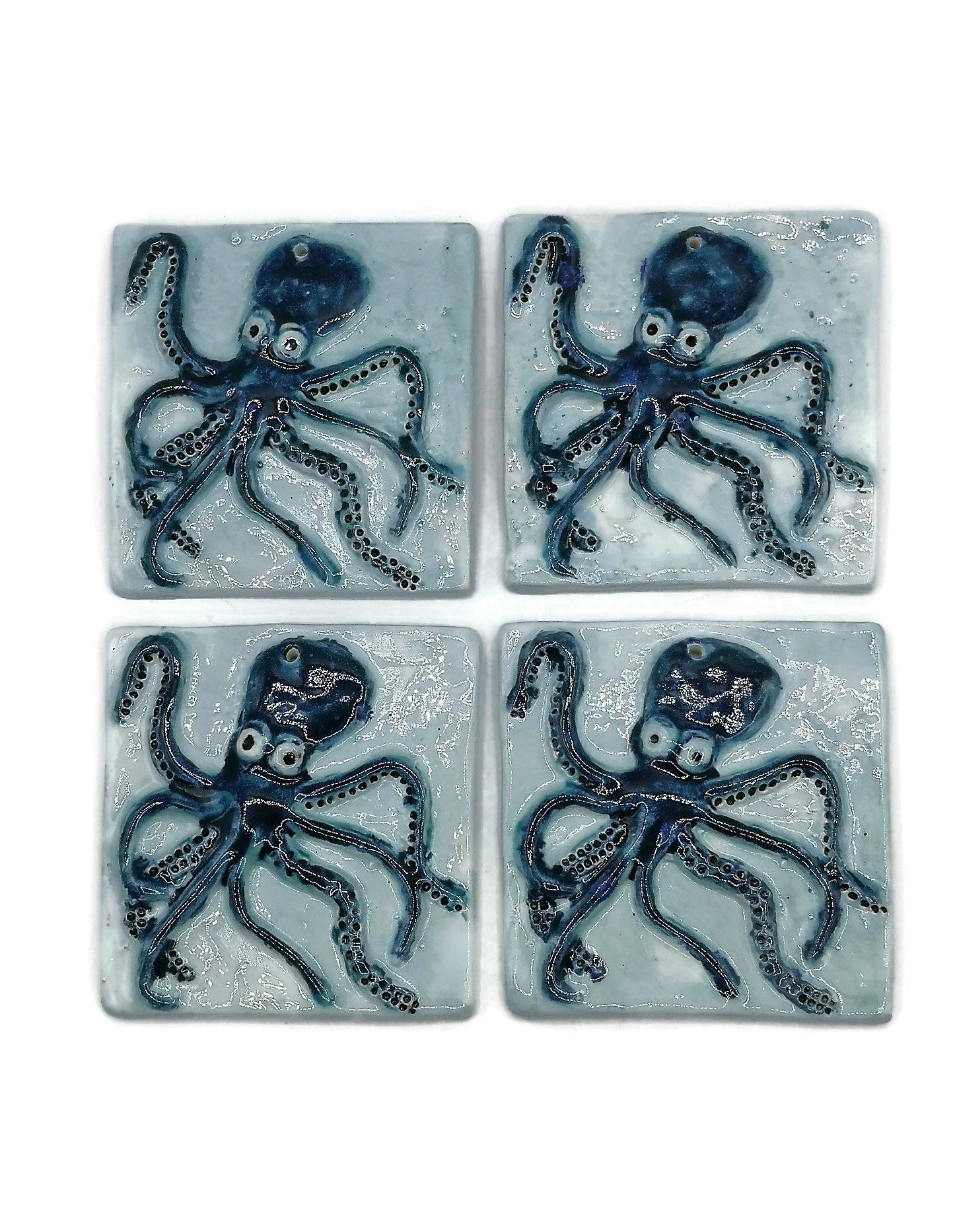 Handmade Ceramic Octopus Tile With Hole To Hang, Blue Octopus Wall Decor, Beach Lover Gift for Women - Ceramica Ana Rafael