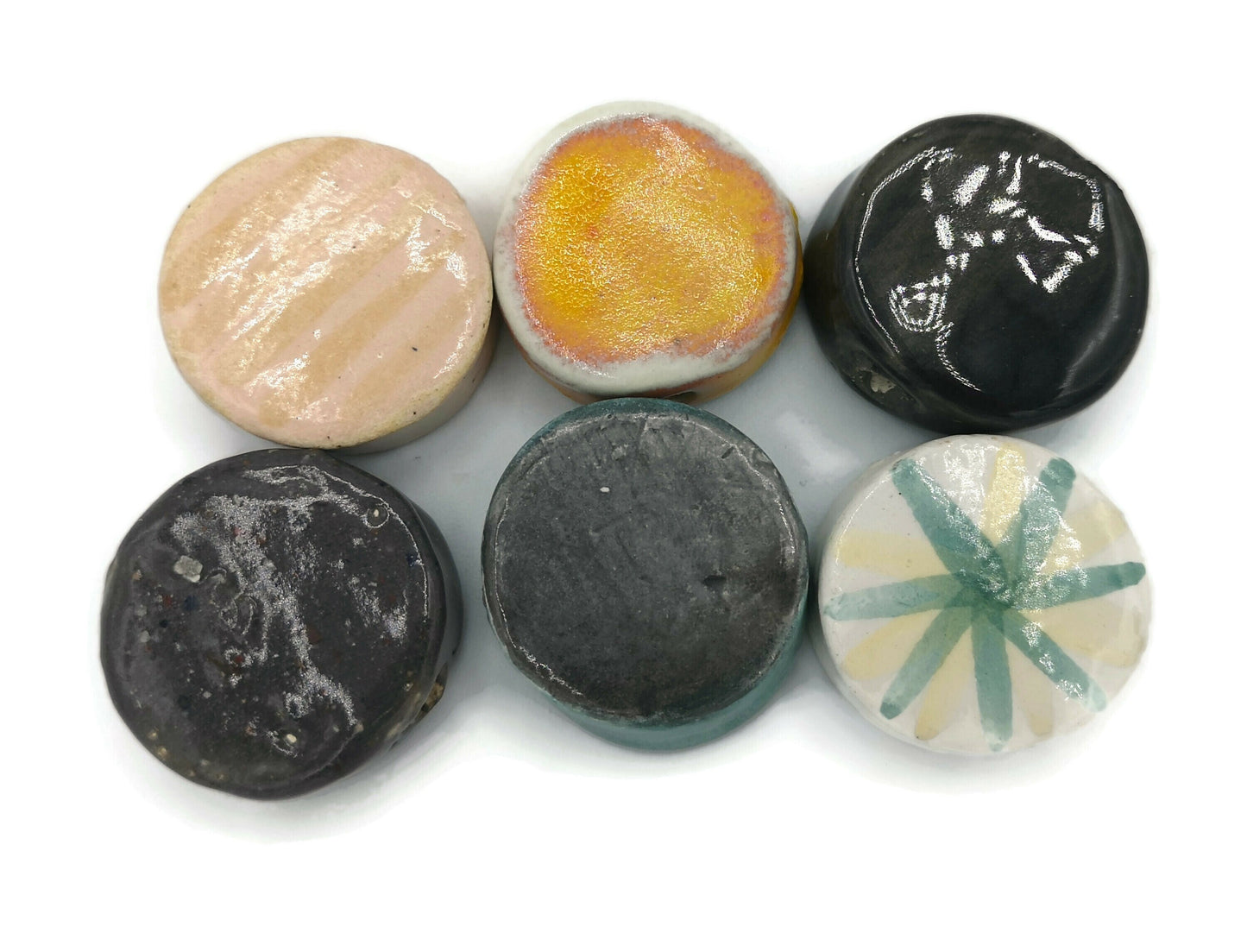 Assorted Handmade Ceramic Macrame Beads 6 Pcs, Best Sellers Round Clay Beads, Jumbo Bead, Unusual Jewelry Making Coin Beads Extra Large - Ceramica Ana Rafael