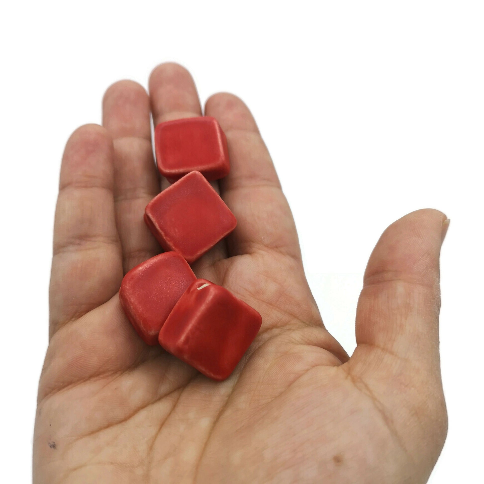 4Pc 20mm Large Square Handmade Ceramic Beads For Jewelry Making, Clay Decorative Unique Beads, Matte Red Macrame Beads Large Hole 2mm - Ceramica Ana Rafael