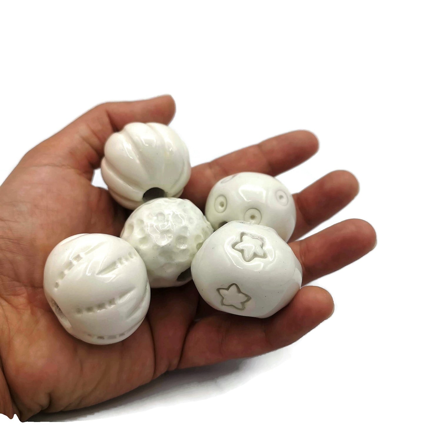 5Pc 30mm Handmade Ceramic Textured Round Beads, Clay Beads for Jewelry Making and Macrame Supplies, Large Hole Beads - Ceramica Ana Rafael