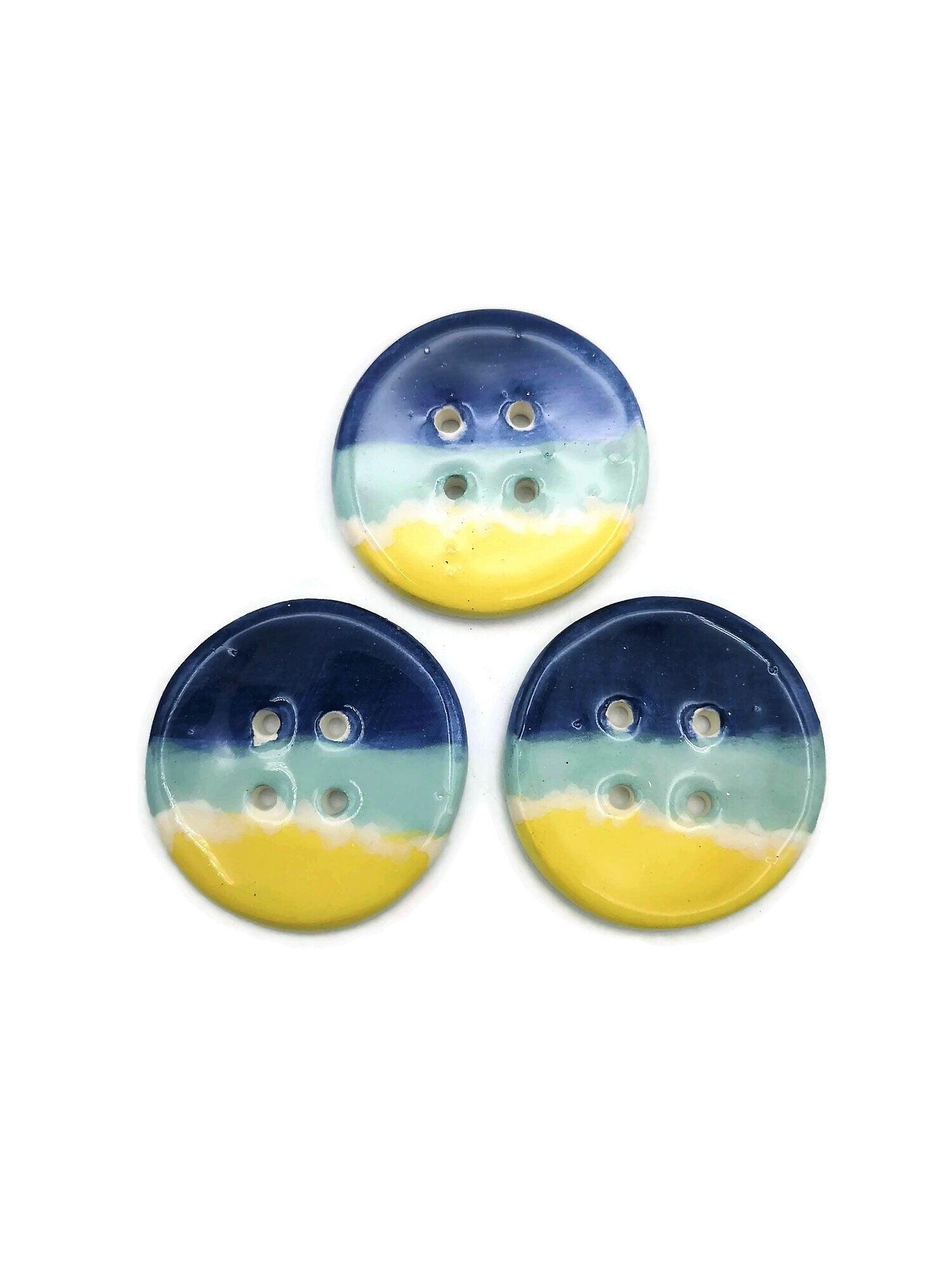 1Pc Handmade Ceramic Extra Large Buttons, Blue And Yellow Decorative Sewing Supplies And Notions, 4 Holes Novelty Beach Themed Coat Buttons - Ceramica Ana Rafael