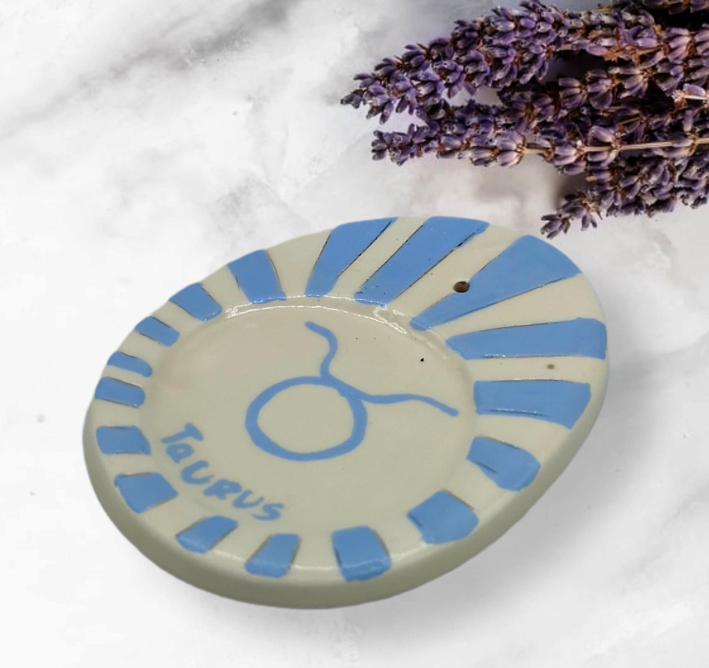 Handmade Ceramic Zodiac Incense Stick Holder, Taurus Birthday Gift For Women, Hand Painted Blue And White Clay Incense Cone Burner - Ceramica Ana Rafael
