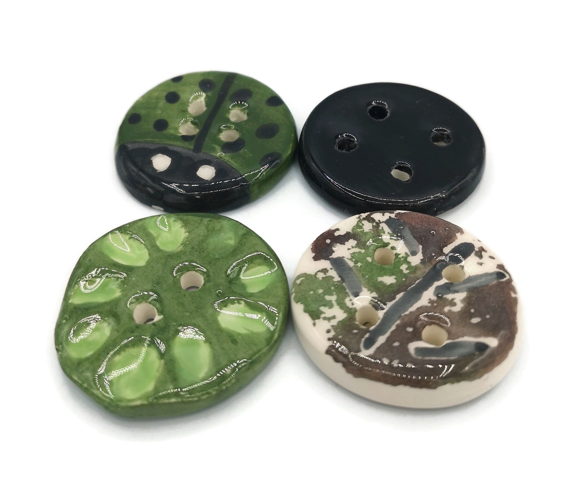 4Pcs Large Green Ceramic Buttons Hand Painted, Decorative Flat Sewing Buttons, Handmade Clay Buttons Round Shape 4 Holes, Best Sellers - Ceramica Ana Rafael