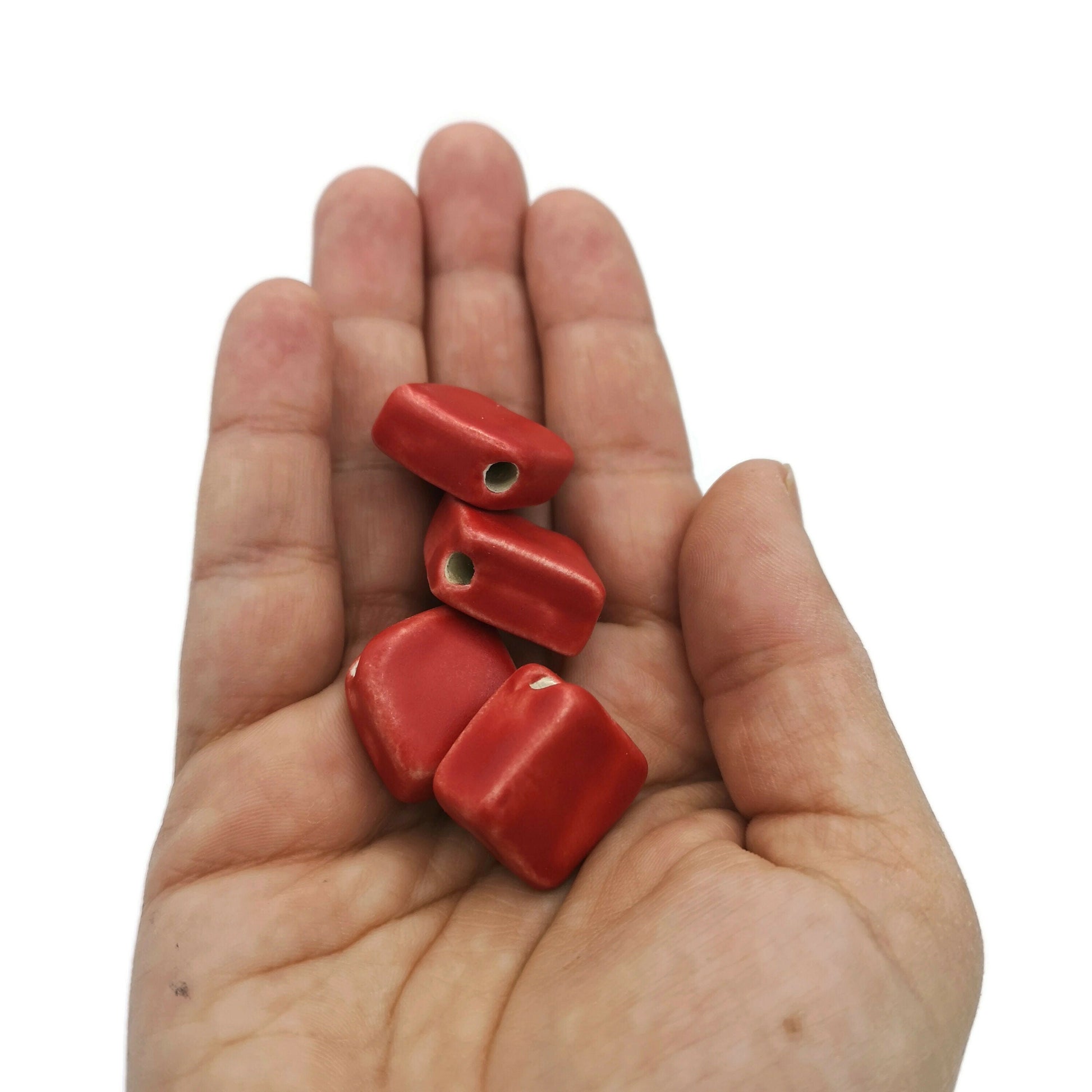 4Pc 20mm Large Square Handmade Ceramic Beads For Jewelry Making, Clay Decorative Unique Beads, Matte Red Macrame Beads Large Hole 2mm - Ceramica Ana Rafael