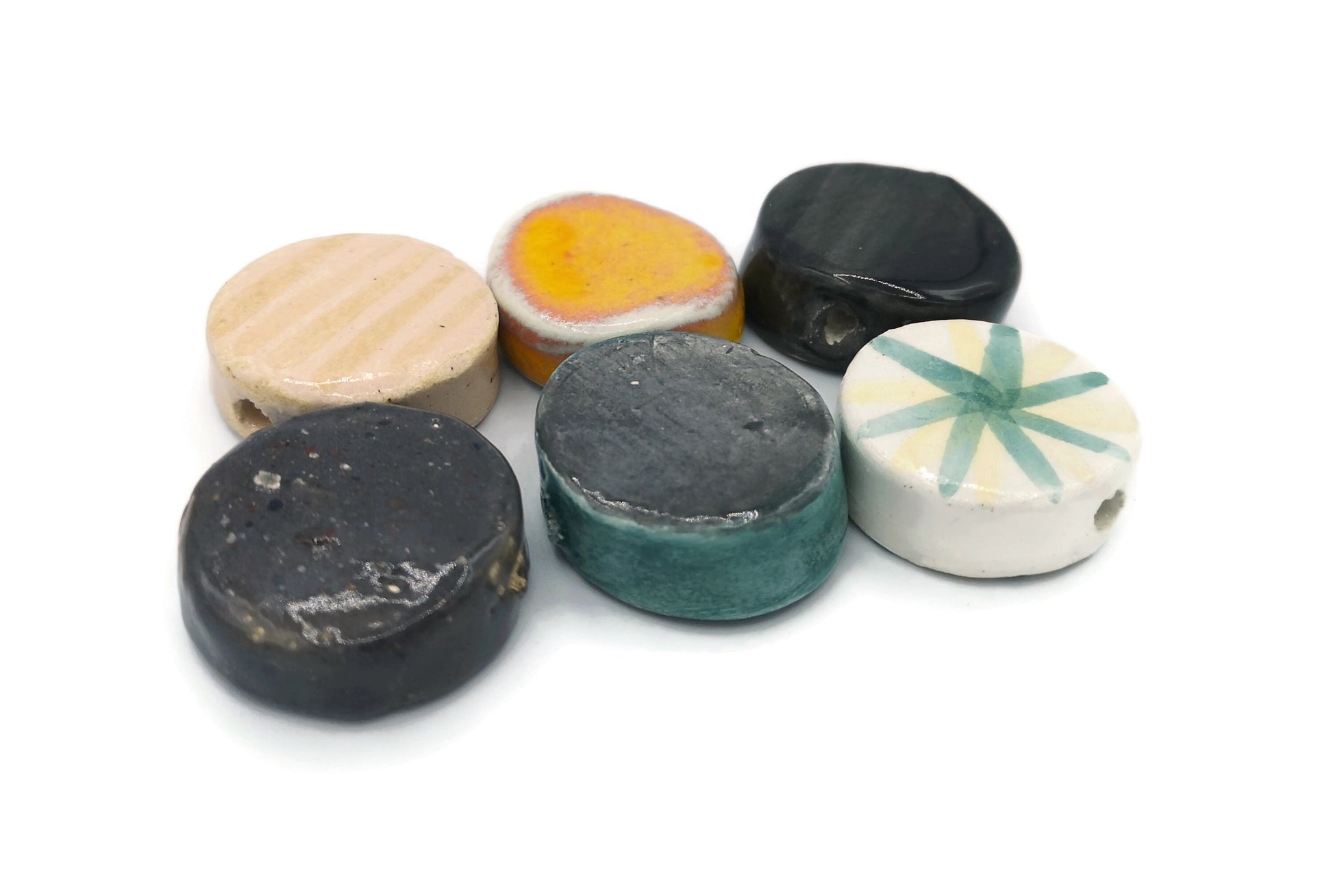 Assorted Handmade Ceramic Macrame Beads 6 Pcs, Best Sellers Round Clay Beads, Jumbo Bead, Unusual Jewelry Making Coin Beads Extra Large - Ceramica Ana Rafael