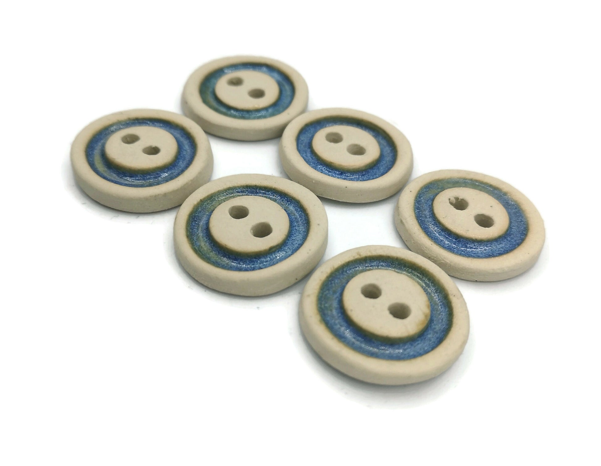 6Pc 25mm/1in Handmade Ceramic Sewing Buttons, Matte Beige With Glossy Blue Accent, Novelty Clay Buttons For Crafts, Unique Pottery Buttons - Ceramica Ana Rafael
