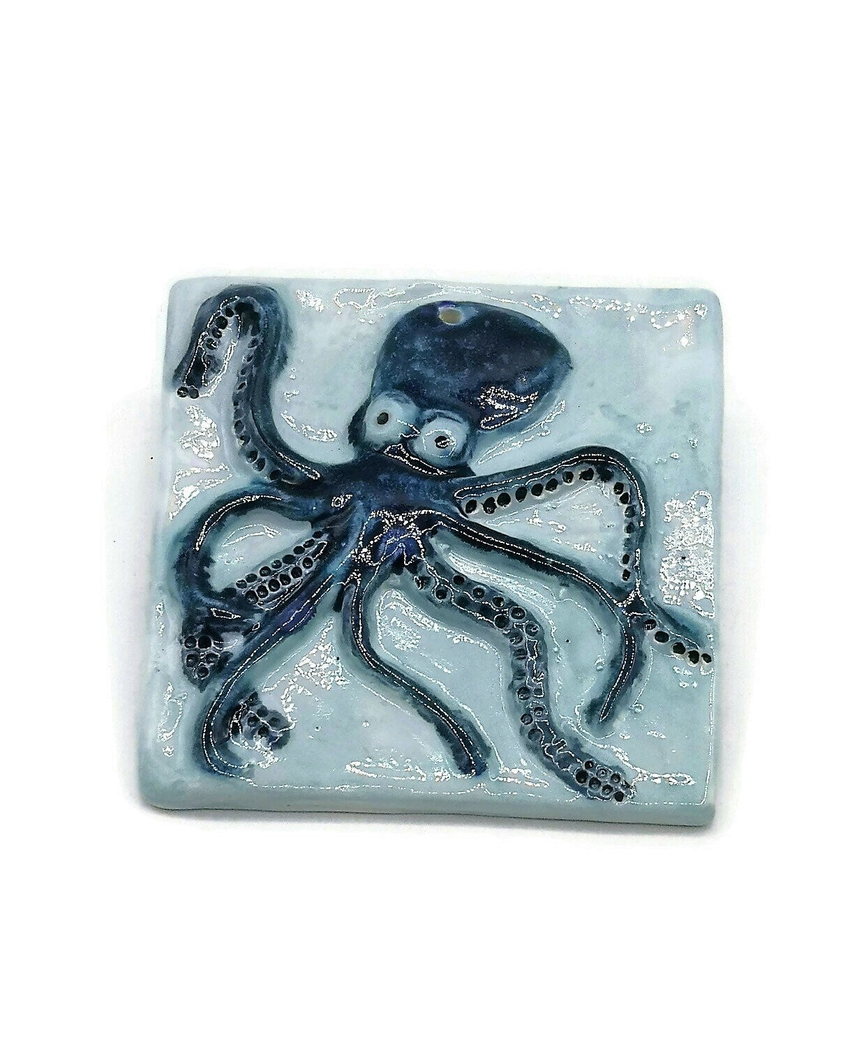 Handmade Ceramic Octopus Tile With Hole To Hang, Blue Octopus Wall Decor, Beach Lover Gift for Women - Ceramica Ana Rafael