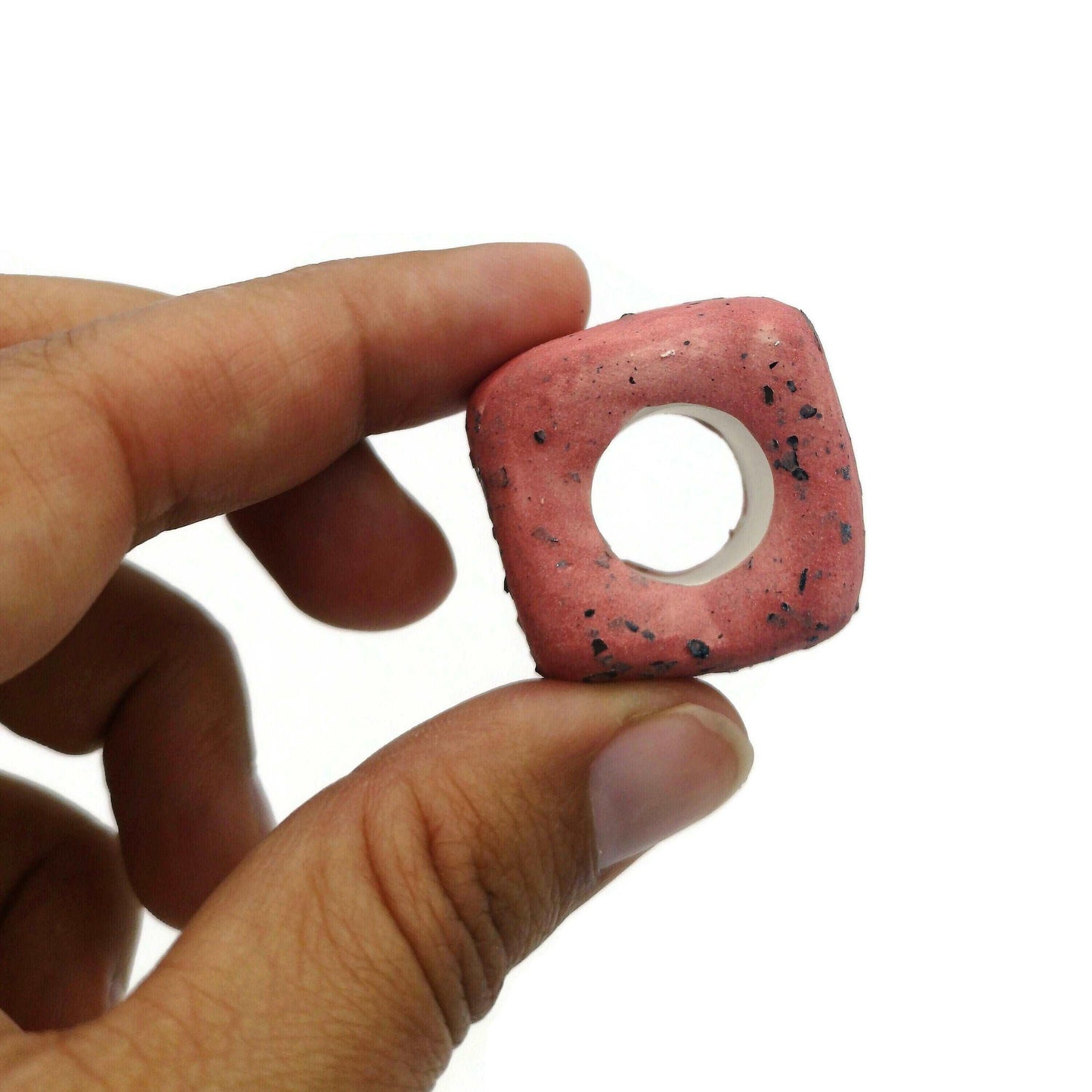1Pc 25mm Extra Large Handmade Ceramic Beads For Macrame With Large Hole, Square Unique Chunky Clay Beads for Jewelry Making Sparkly Red Bead