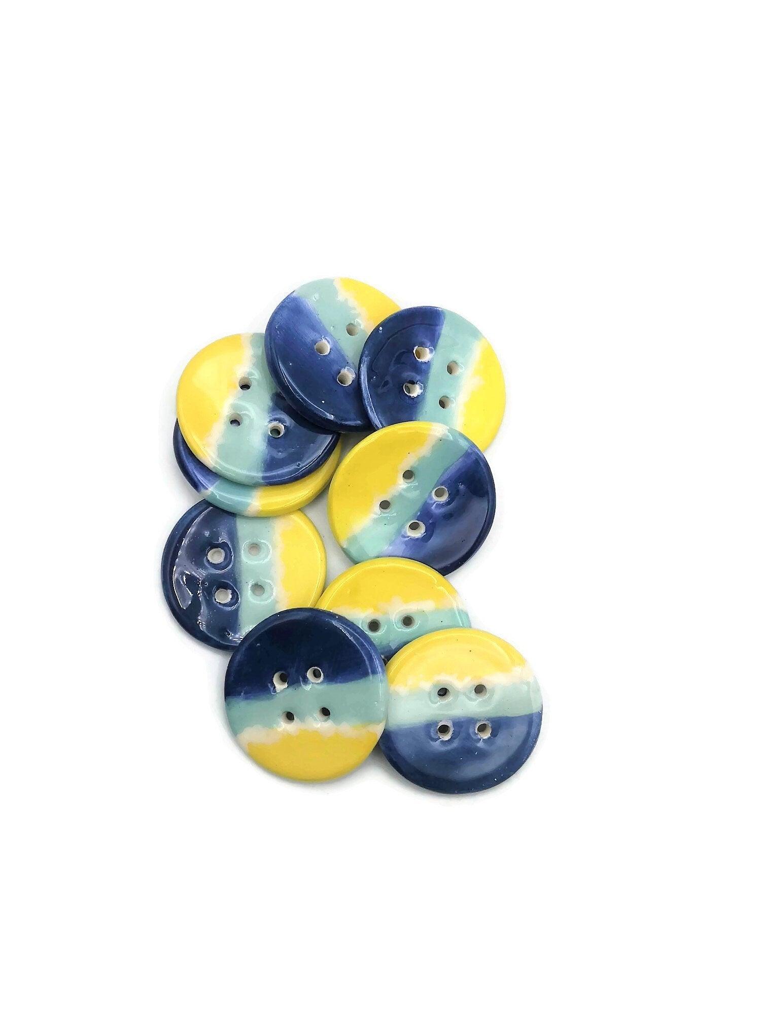 1Pc Handmade Ceramic Extra Large Buttons, Blue And Yellow Decorative Sewing Supplies And Notions, 4 Holes Novelty Beach Themed Coat Buttons - Ceramica Ana Rafael