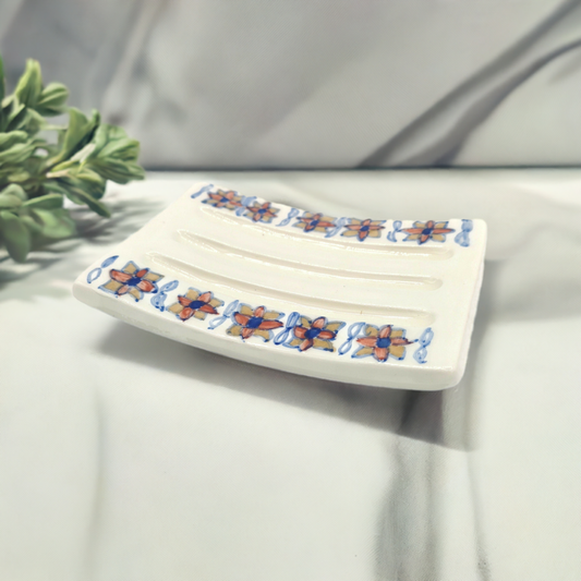 Handmade Floral Ceramic Soap Dish – Rectangular Self-Draining Holder