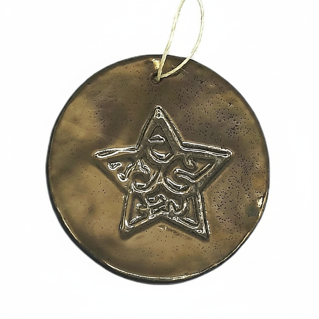 Golden ceramic star ornament with cord