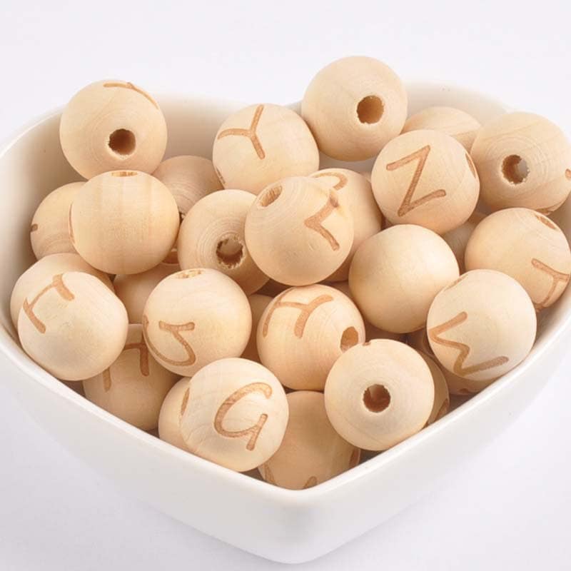 Assorted Wooden Letter Beads – 14mm Round Beads with 3mm Large Hole for Jewelry & Crafts