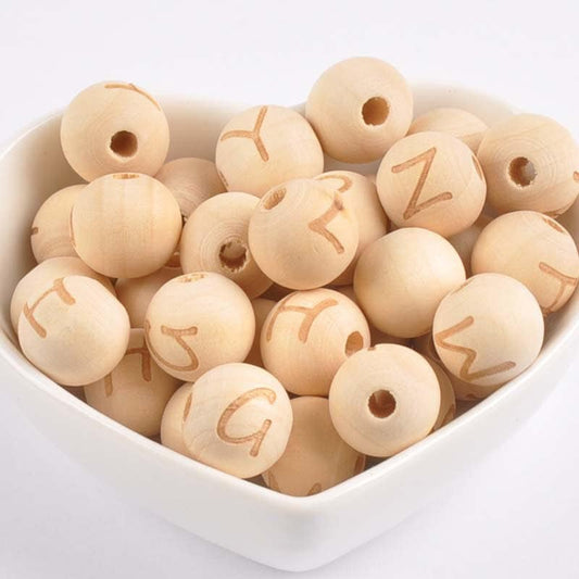 Assorted Wooden Letter Beads – 14mm Round Beads with 3mm Large Hole for Jewelry & Crafts