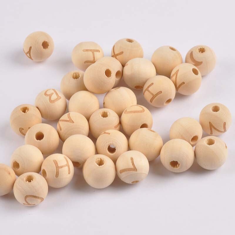 Assorted Wooden Letter Beads – 14mm Round Beads with 3mm Large Hole for Jewelry & Crafts