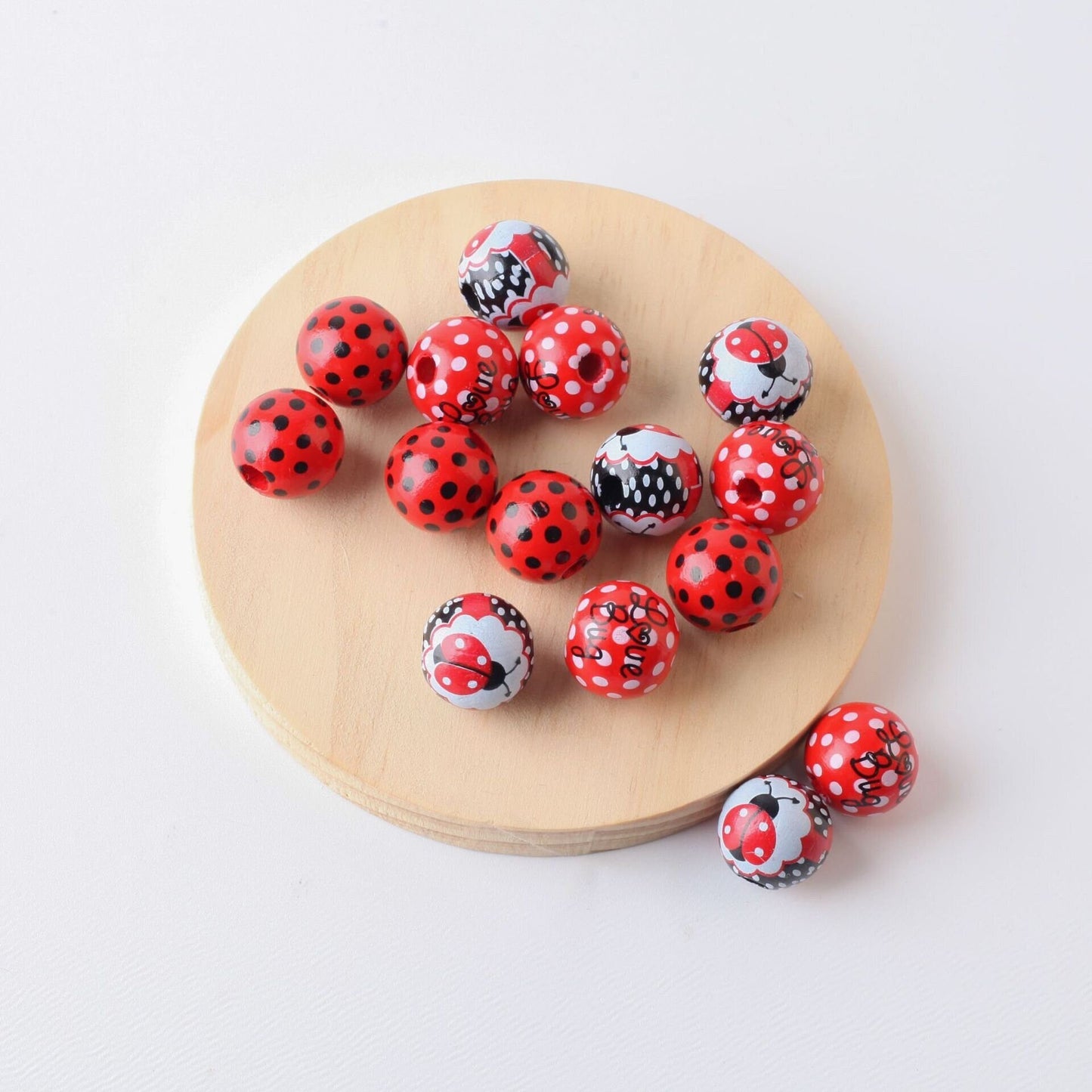 20Pc 16mm Ladybug-Themed Wooden Beads – Large Hole Macramé & Jewelry Beads