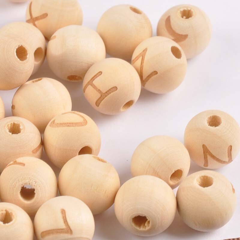 Assorted Wooden Letter Beads – 14mm Round Beads with 3mm Large Hole for Jewelry & Crafts