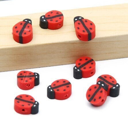 20/100Pc 10mm Ladybug Polymer Clay Beads – Cute Red & Black Animal Shaped Beads for Jewelry Making & DIY Crafts