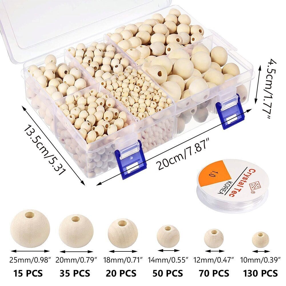 Natural Wooden Macramé Beads Kit – 1105/320Pc Large Hole Beads with Silicone Wire