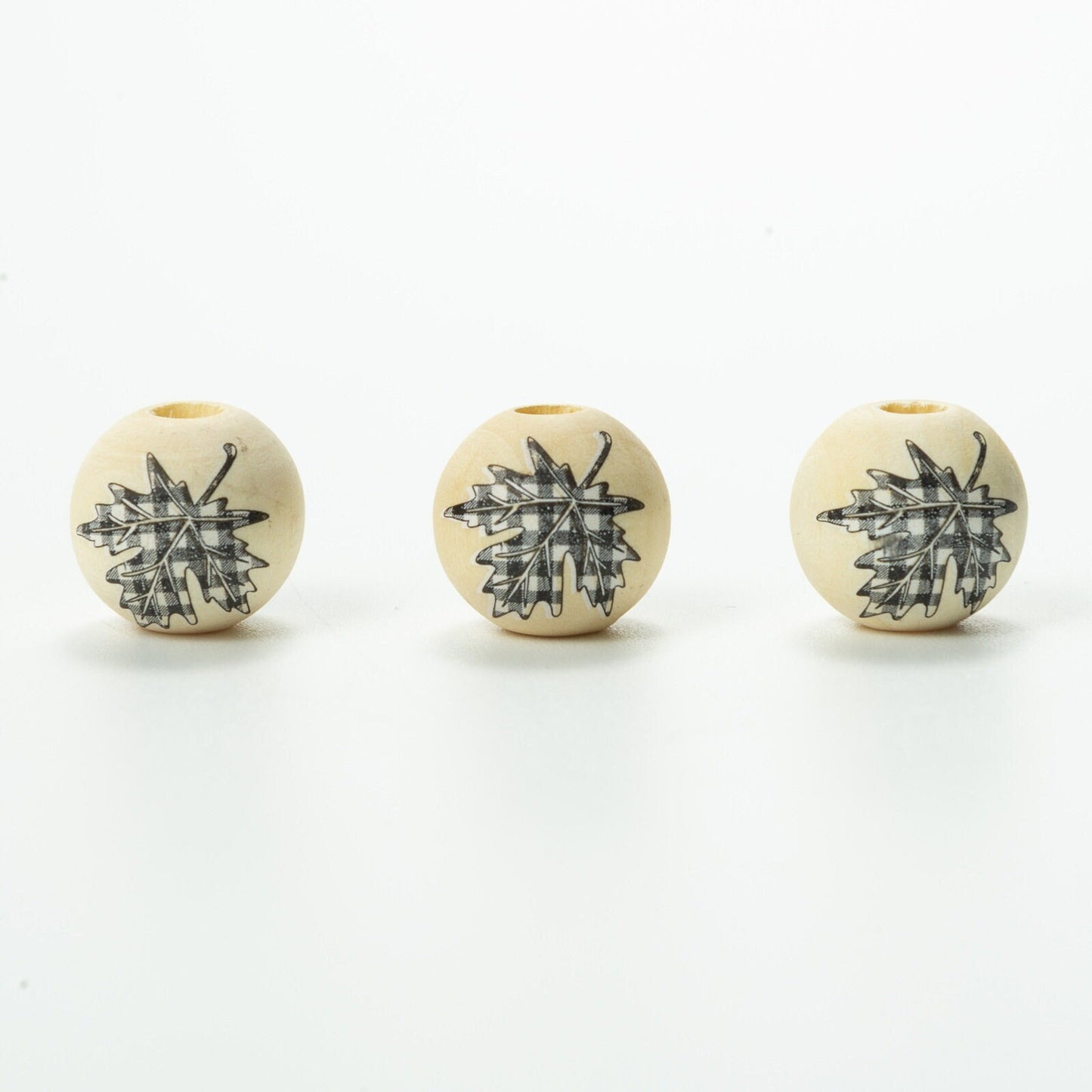 20Pc 16mm Maple Leaf Printed Wooden Beads for Jewelry Making – Large Hole 4mm, Round Fall-Themed Beads for Macrame