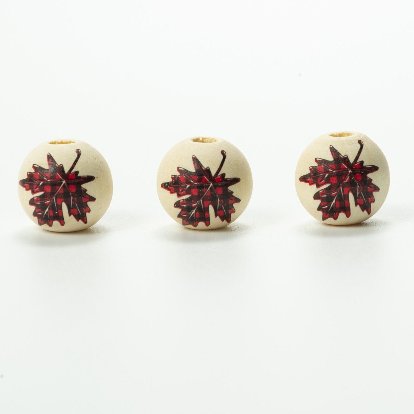 20Pc 16mm Maple Leaf Printed Wooden Beads for Jewelry Making – Large Hole 4mm, Round Fall-Themed Beads for Macrame