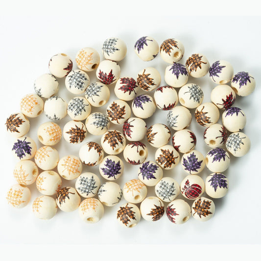 20Pc 16mm Maple Leaf Printed Wooden Beads for Jewelry Making – Large Hole 4mm, Round Fall-Themed Beads for Macrame