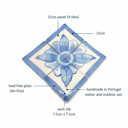 Four square ceramic tiles forming a 15 cm floral panel