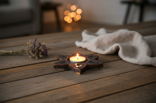 Handmade ceramic star candle holder in a candlelight setting