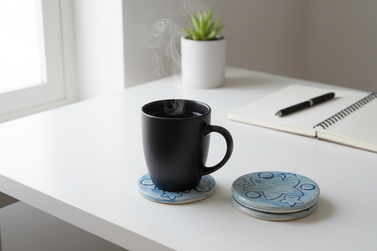 Blue handmade ceramic coaster lifestyle display