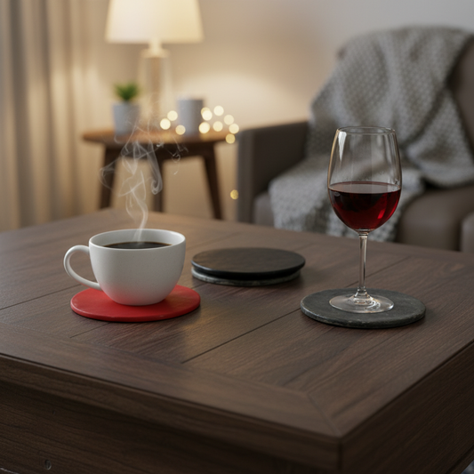 Handmade ceramic coaster set styled on a table