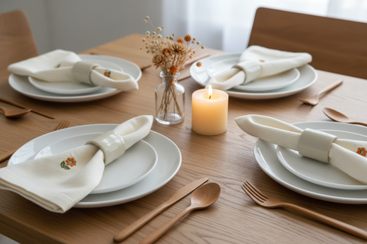 Handmade beige stoneware napkin rings styled on a dining table
