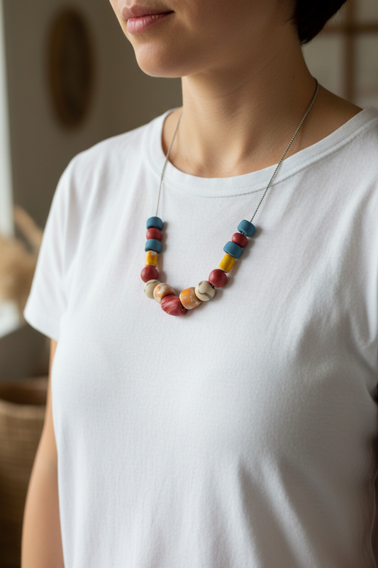 Handmade colorful ceramic bead necklace worn as statement jewelry