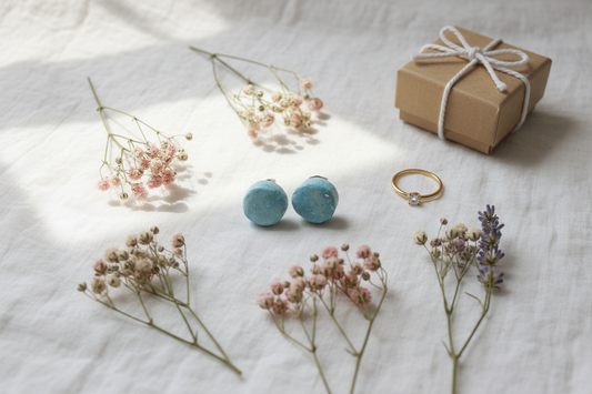 Pair of blue ceramic stud earrings styled with a gift box