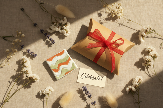 Hand-painted ceramic brooch with gift box and dried flowers