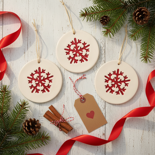 Red ceramic snowflake ornament displayed for Christmas