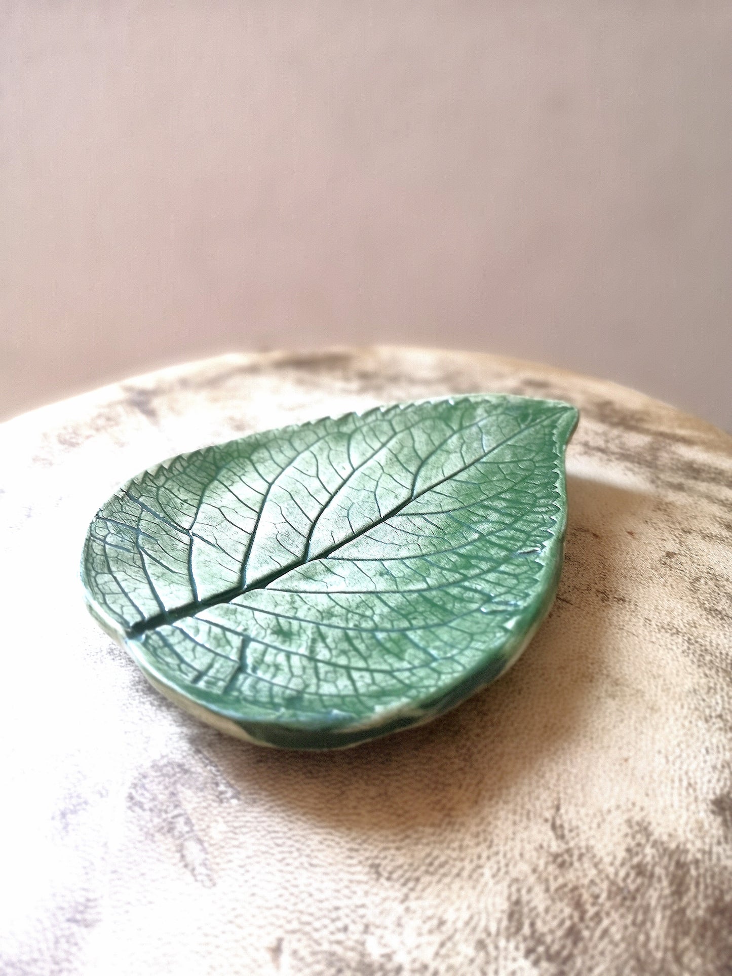 Handmade Ceramic Green Pressed Leaf Plate - Wedding Ring Holder Dish