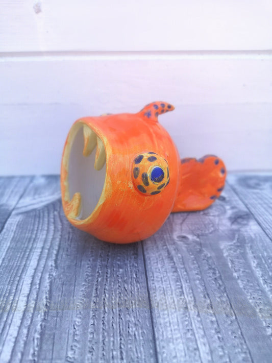 Handmade Ceramic Fish Sculpture – Orange Clay Art for Office Desk – Unique Gift for Him