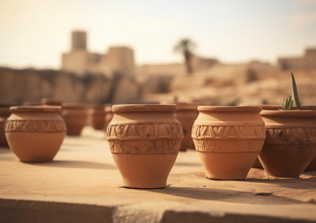 a group of brown pottery vases sitting on the ground in front of an ancient building