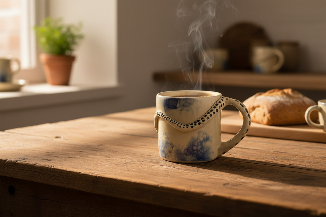 Handmade ceramic octopus mug with blue tentacle handle on a rustic wooden surface with morning light – Ceramica Ana Rafael