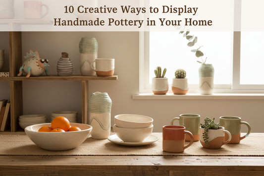 Handmade ceramic pottery pieces by Ceramica Ana Rafael displayed in a cozy home setting — on shelves, a dining table and a windowsill, showcasing creative ways to decorate with artisan ceramics from Portugal