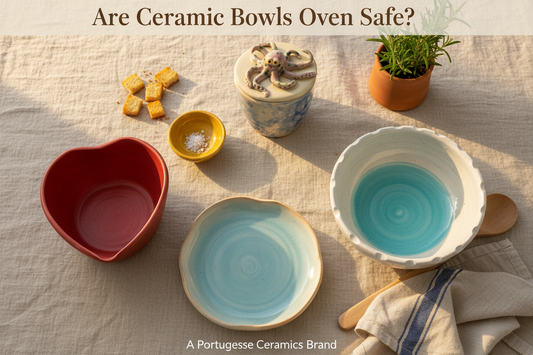 Handmade ceramic bowls by Ceramica Ana Rafael arranged on a linen surface, showcasing oven-safe artisan pottery made in Portugal