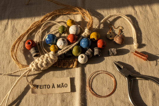 Handmade ceramic beads for macrame and jewelry making by Ceramica Ana Rafael, arranged on a linen surface with natural cord and craft tools