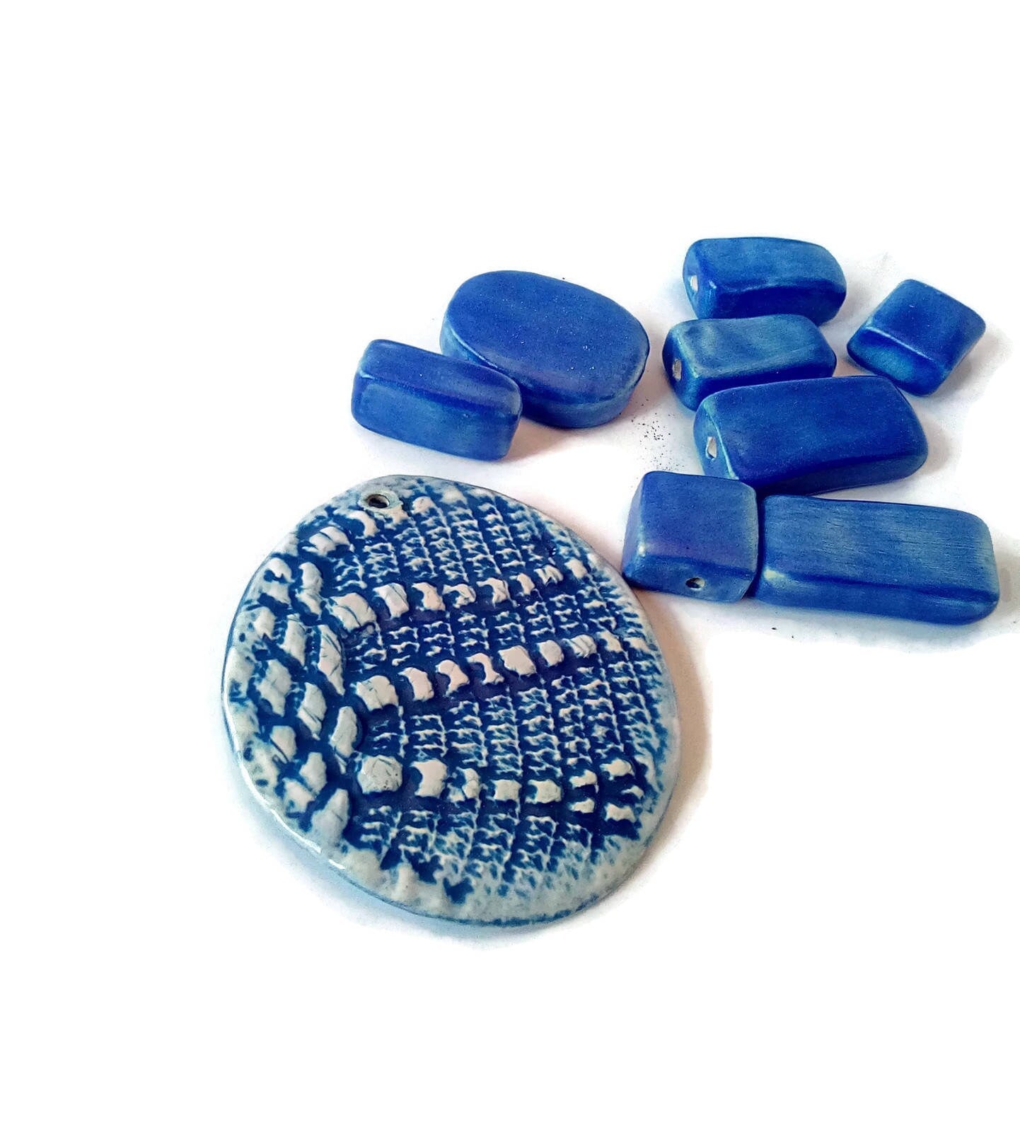 Clay Charms, Textured Royal Blue Necklace Pendant For Jewelry Making, Cute Handmade Ceramic Charms Large, Jumbo Pendant - Ceramica Ana Rafael