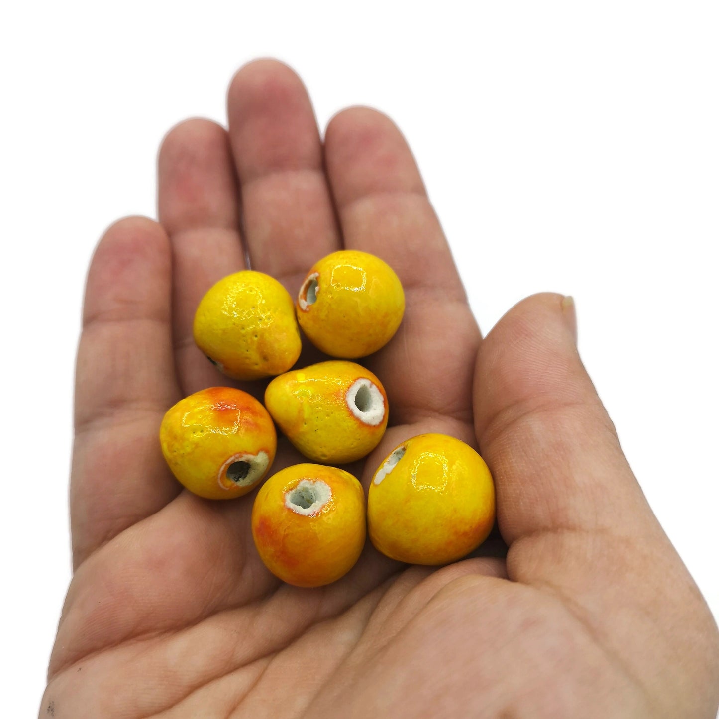 6Pc 15mm Handmade Ceramic Beads For Jewelry Making, Colorful Orange Decorative Craft Beads, Macrame Beads Large Hole 2mm, Round Clay Beads - Ceramica Ana Rafael