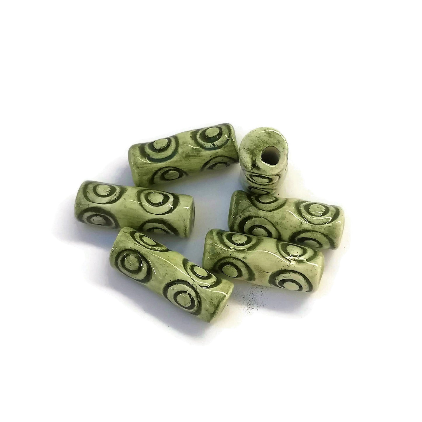 6 Pcs Unique Macrame Beads Large Hole 4 mm, Ceramic Tube Beads 30mm Long For Jewelry Making, Best Sellers Green Clay Beads - Ceramica Ana Rafael