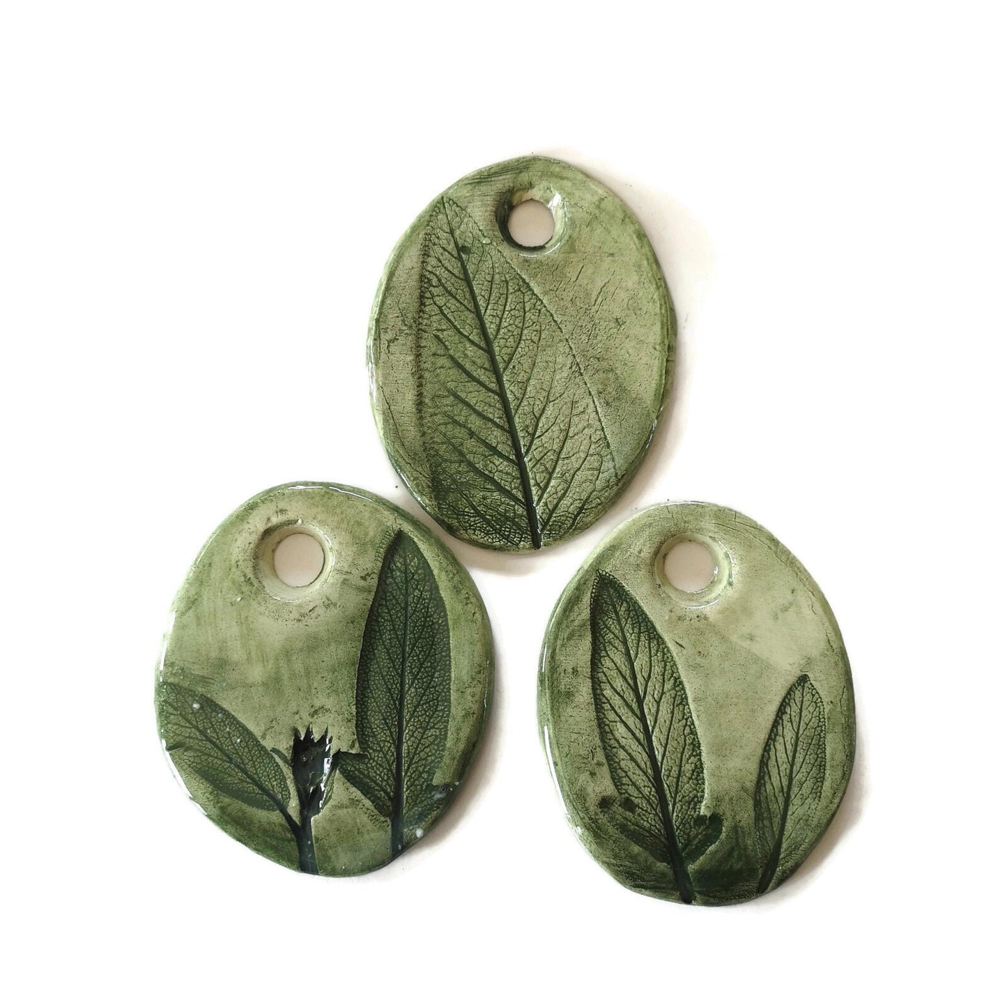 Artisan Extra Large Green Necklace Pendant For Handmade Ceramic Jewelry Making, Pressed Sage Leaves Clay Charms, Statement Eclectic Jewelry - Ceramica Ana Rafael