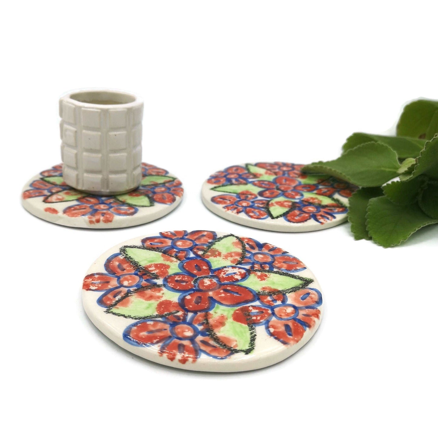 1Pc Handpainted Floral Large Handmade Ceramic Coaster Tile, Office Desk Accessories for Women, Cork Backing Round Artisan Botanical Coaster